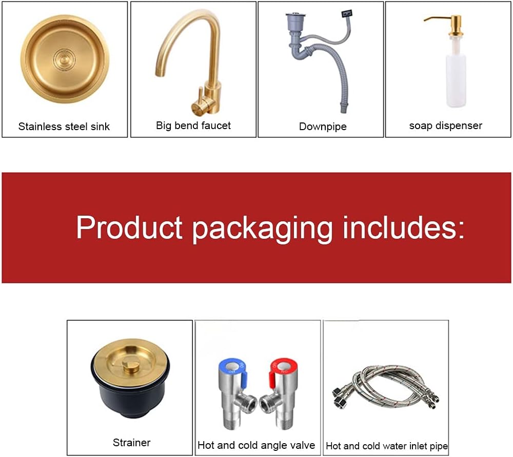 Kitchen Sink Single Bowl Bar Prep Stainless Steel with Faucet & Drain Golden RV Sink Drop-in Or Undermount (Color : Gold, Size : 36×36×19cm) (Gold 40×40×19cm)