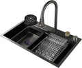 Generic 304 Stainless Steel Waterfall Sink Black Bar Prep Sink Single Bowl Kitchen Sink Multi-Function Rv Sink with Faucet and Drain Assembly Drop in Or Under Mount (Color : Black-a, Size : 75x