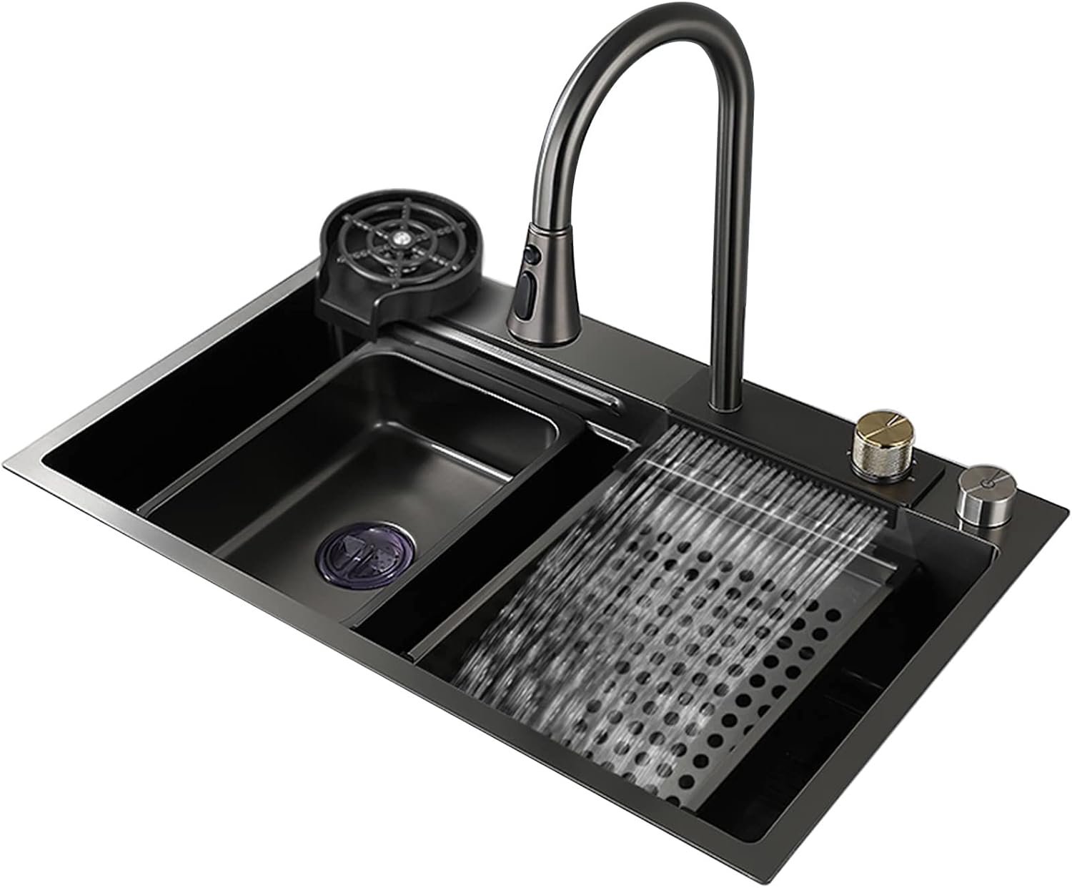 Generic 304 Stainless Steel Waterfall Sink Black Bar Prep Sink Single Bowl Kitchen Sink Multi-Function Rv Sink with Faucet and Drain Assembly Drop in Or Under Mount (Color : Black-a, Size : 75x