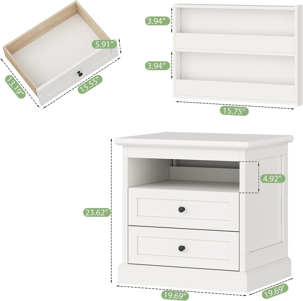 Gyfimoie Nightstand with Hidden Storage Space, Night Stand, End Table with Side Drawer, Bedside Table with Open Shelf, 2 Drawers Dresser for Bedroom, Living Room, Closet (White)