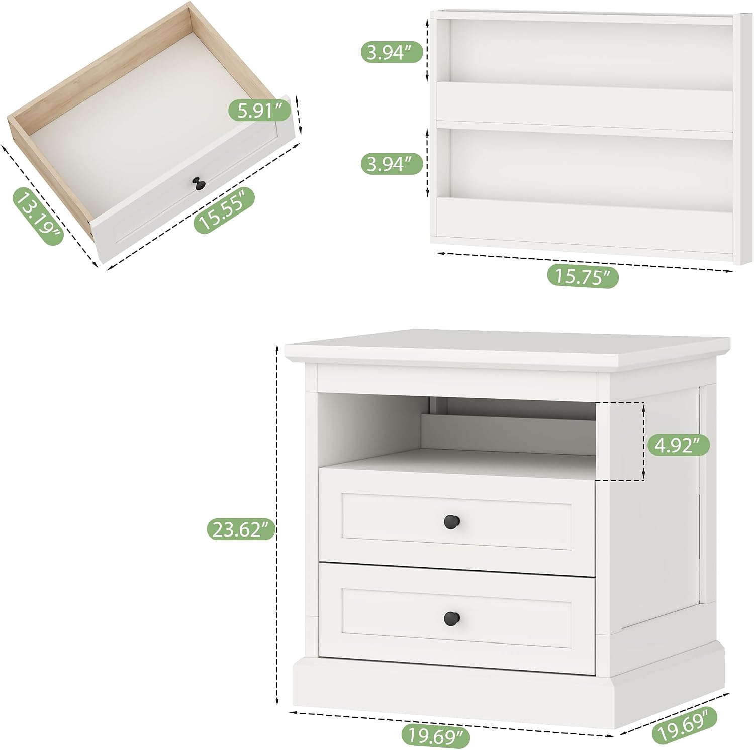 Gyfimoie Nightstand with Hidden Storage Space, Night Stand, End Table with Side Drawer, Bedside Table with Open Shelf, 2 Drawers Dresser for Bedroom, Living Room, Closet (White)