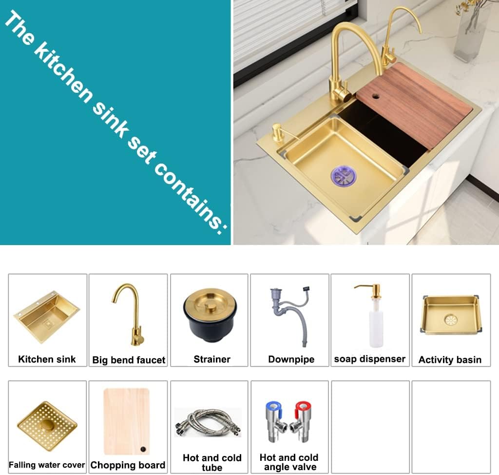 Kitchen Sink Single Bowl Bar Prep Golden RV Sink Drop in Or Undermount with Large Bend Faucet and Drain Assembly (Color : Gold, Size : 60x46x22cm) (Gold 60x46x22cm)