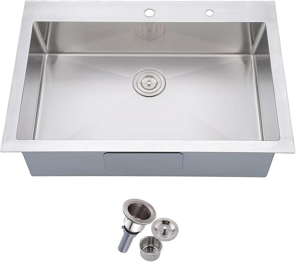 Friho 28 Inch Drop in Kitchen Sink, 28x18 Topmount Commercial Handmade 16 Gauge Single Bowl Stainless Steel Sink with Basket Strainer