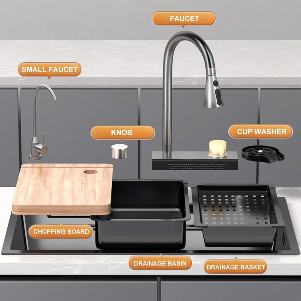 Waterfall Sink Household Sink Single Bowl Kitchen Sink Set Nano-Coated Workstation Sink with Pull-Out Faucet and Cup Washer Pressurized Cup Washer (Color : Black, Size : 68x45x22cm) (Black 68x45x