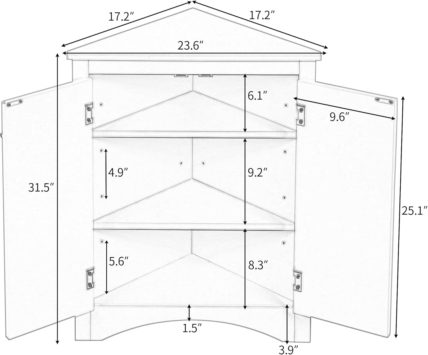 Corner Cabinet with Adjustable Shelves and Doors, Freestanding Bathroom/Kitchen/Living Room Floor Storage Organizer, MDF Boards