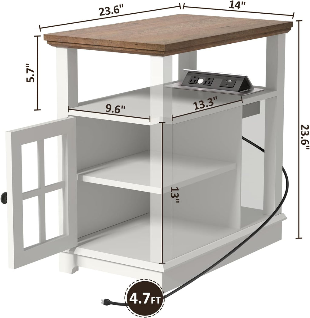HIFYOBRO Narrow End Table with Flip Top Charging Station, Storage Side Table, Type-C & USB Port & Adjustable Shelf, White Nightstand for Living Room & Bedroom