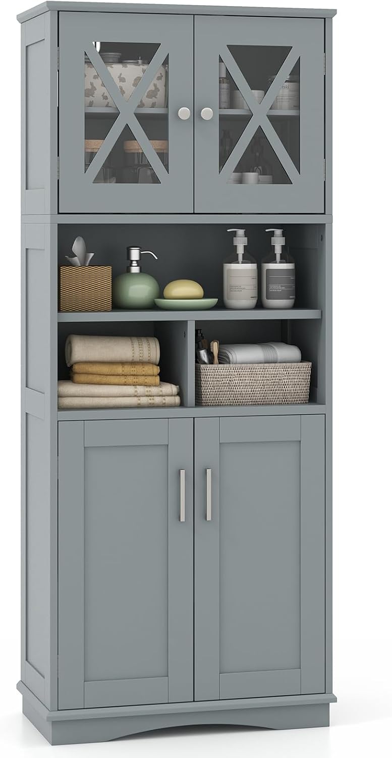 Tangkula Tall Bathroom Cabinet, Modern Kitchen Cupboard Pantry with Adjustable Shelves, 2 Acrylic Doors & 3 Open Cubes, Large Floor Storage Cabinet for Bathroom Living Room (23.5 x 12 x 57 Inch,Grey)