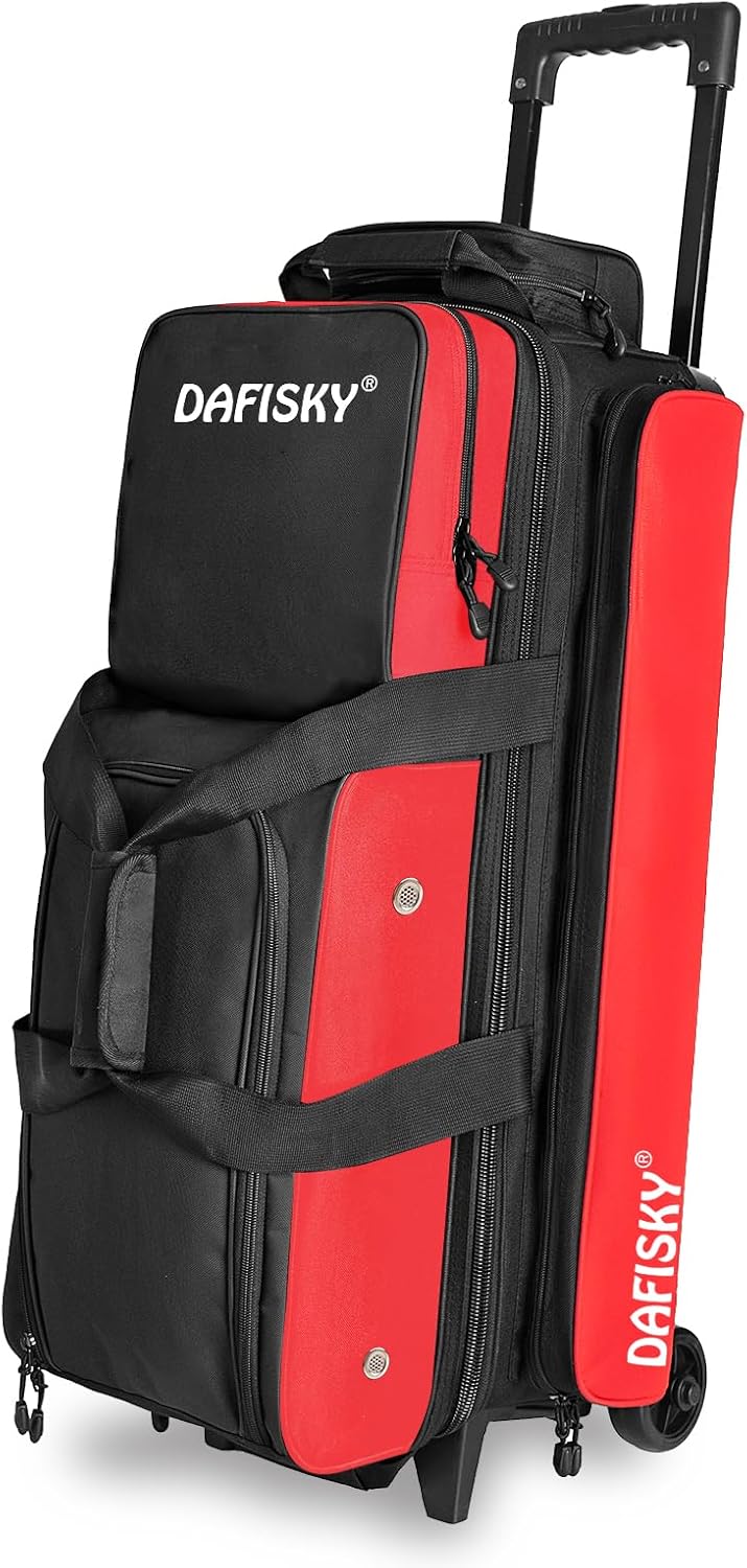 DAFISKY 3 Ball Bowling Bags with Wheels, Roller Bowling Bag with Multiple Pockets Retractable Handle Extends to 38''