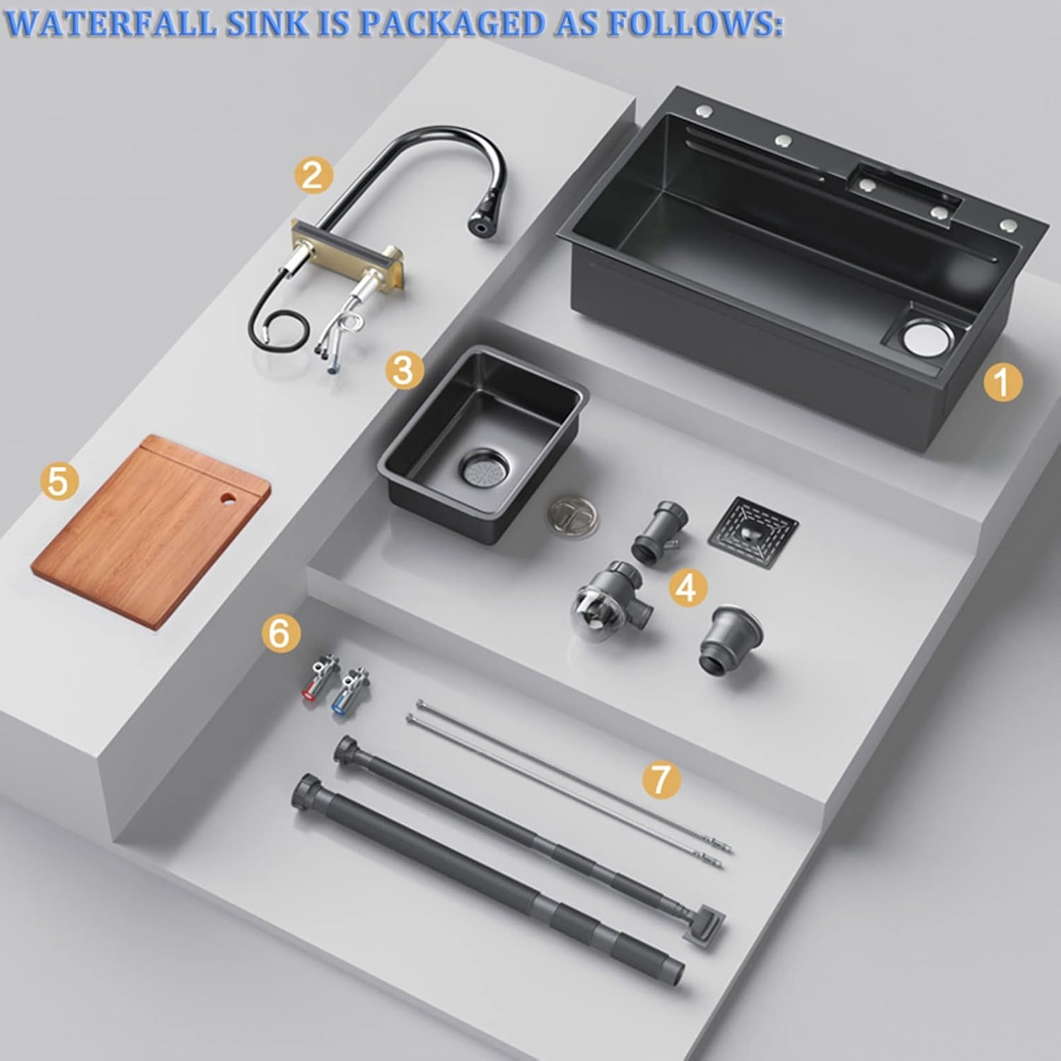304 Stainless Steel Single-Bowl Kitchen Sink Black Waterfall Bar Sink Multi-Function Household Rv Sink with Faucet and Drainage Cponents Top Mount Or Under Mount (Color : Black, Size :