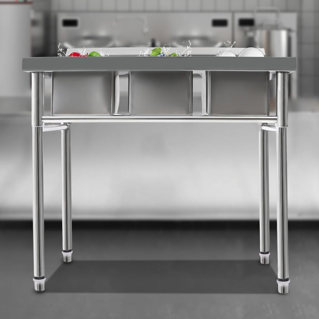 Commercial Utility Sink Stainless Steel 3 Compartment Kitchen Sink with Cold and Hot Water Pipe Freestanding Utility Sinks for Restaurant, Coffee Shop, Bar, Food Truck, 39×18×35.8 inch