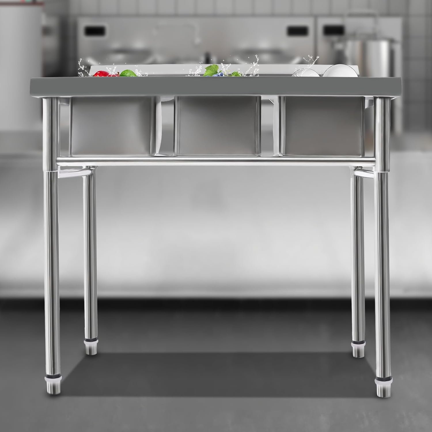 Commercial Utility Sink Stainless Steel 3 Compartment Kitchen Sink with Cold and Hot Water Pipe Freestanding Utility Sinks for Restaurant, Coffee Shop, Bar, Food Truck, 39×18×35.8 inch