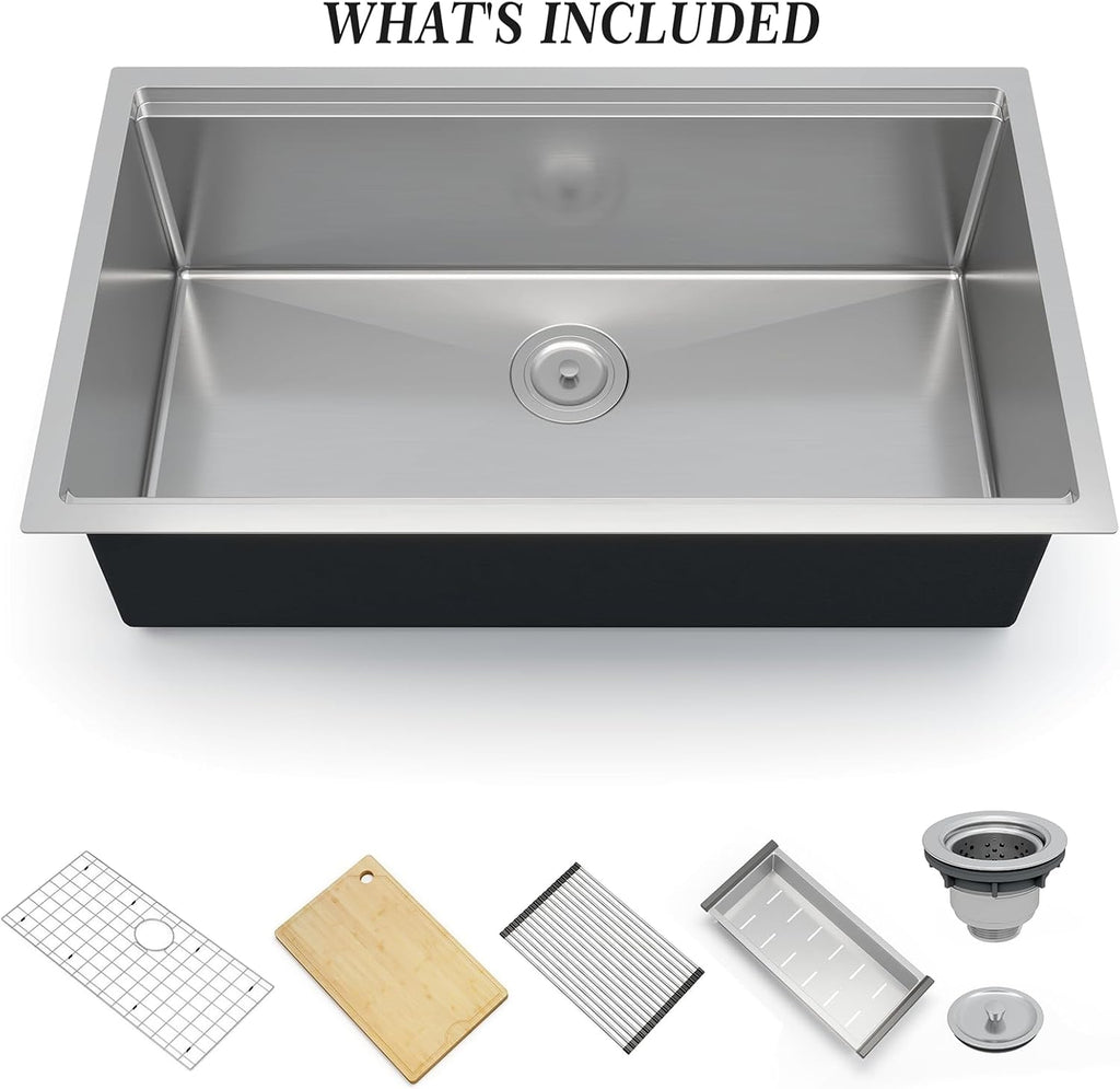 30 x 19 Drop-In Workstation Kitchen Sink – 16 Gauge Stainless Steel Topmount Sink, 10' Deep Undermount Single Bowl & 6 Accessories