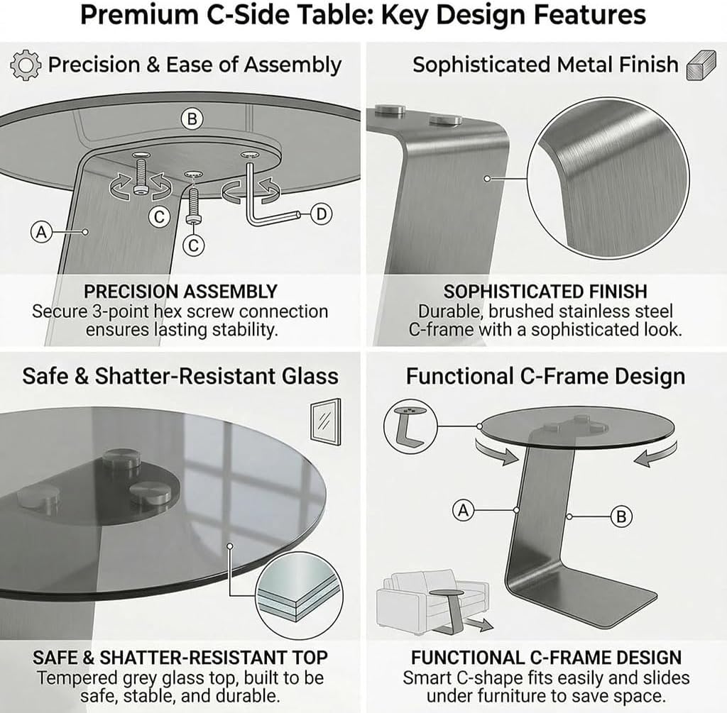 25.5-Inch High C-Shaped End Table with Tempered Glass Top & Black Metal Frame, Modern Space-Saving Sofa Side Table for Living Room, Bedroom, Small Spaces (B)