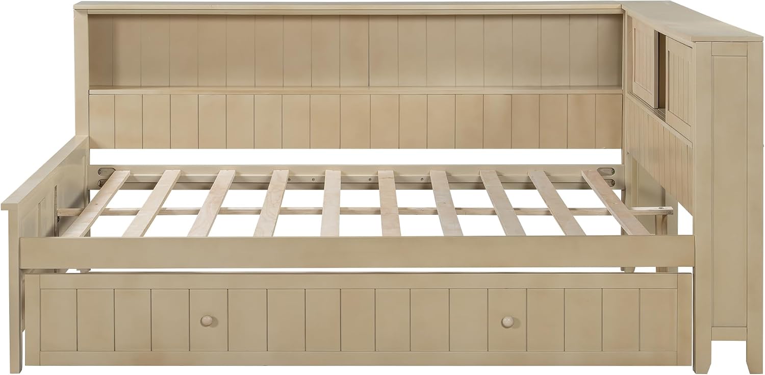 Merax Full Size Daybed with Storage Shelves and Trundle, Wood Slat Support, No Box Spring Needed, Antique White