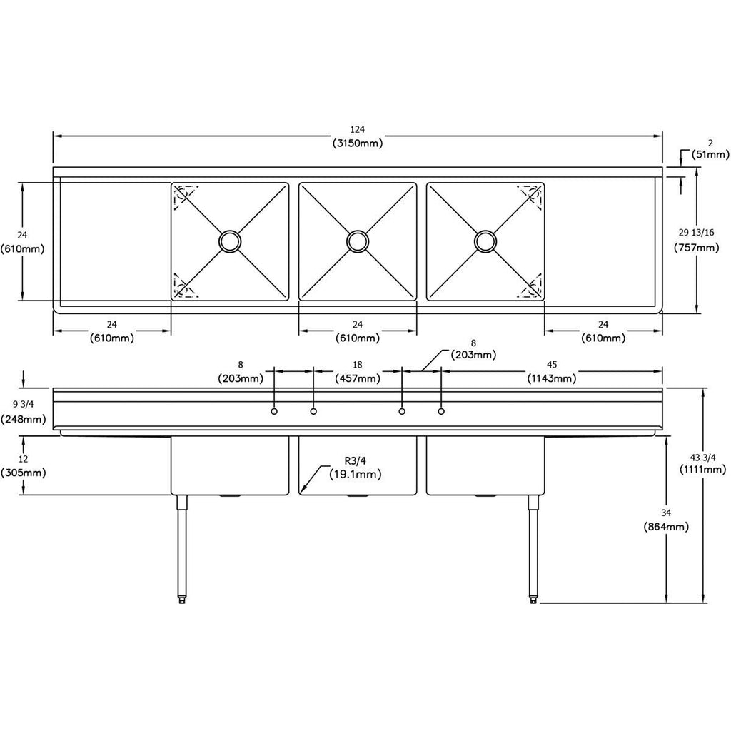 Elkay Foodservice 3 Compartment Sink, 124'X29.75' OA, 36' Working Height, 24X24 Bowl, 12 Deep, 9.75' Backsplash, Left & Right 24' Drainboards, 8' On Center Faucet Hole, Galvinized Legs, Adjustable Feet, 18 Gauge 300 Series Stainless Steel, NSF Certified
