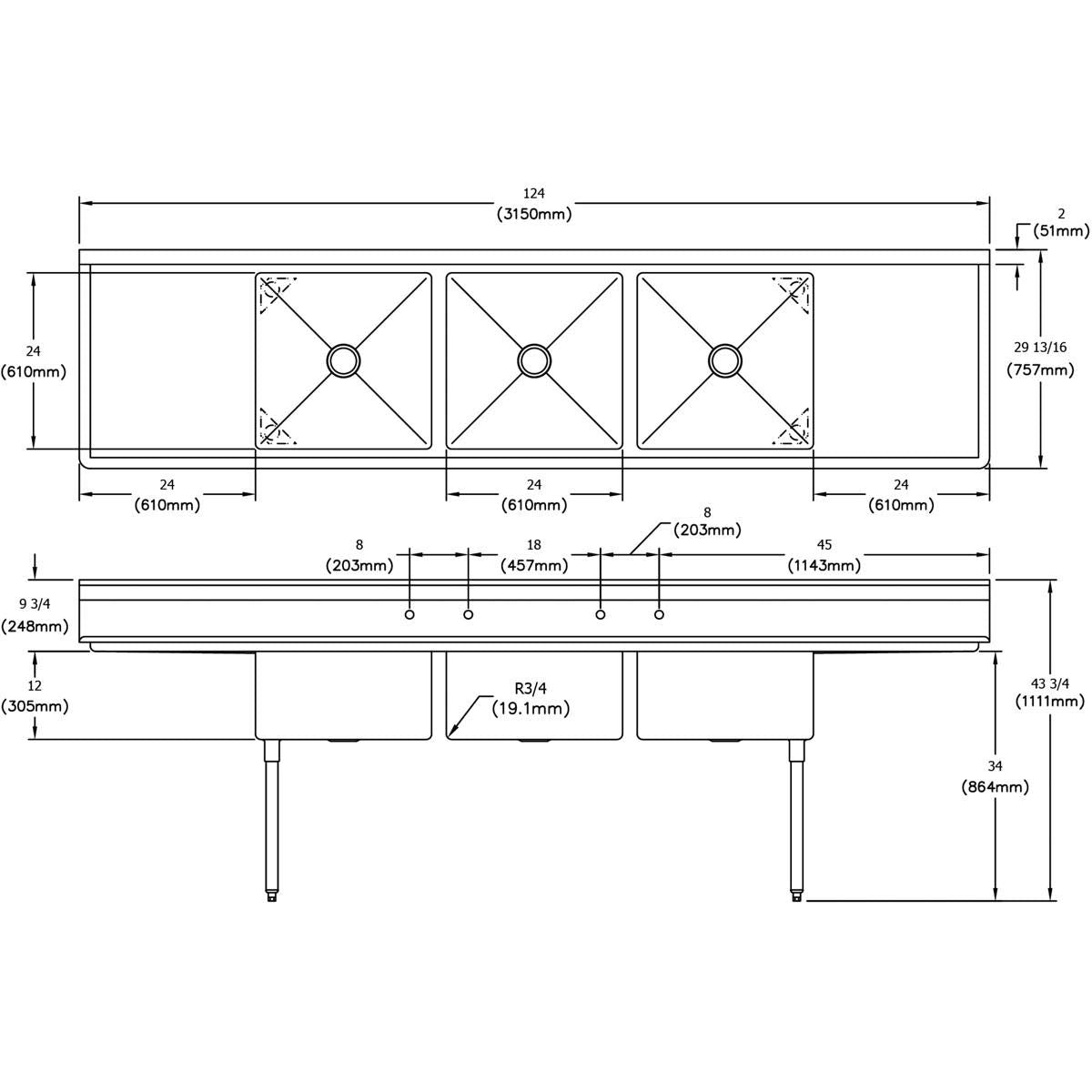 Elkay Foodservice 3 Compartment Sink, 124'X29.75' OA, 36' Working Height, 24X24 Bowl, 12 Deep, 9.75' Backsplash, Left & Right 24' Drainboards, 8' On Center Faucet Hole, Galvinized Legs, Adjustable Feet, 18 Gauge 300 Series Stainless Steel, NSF Certified