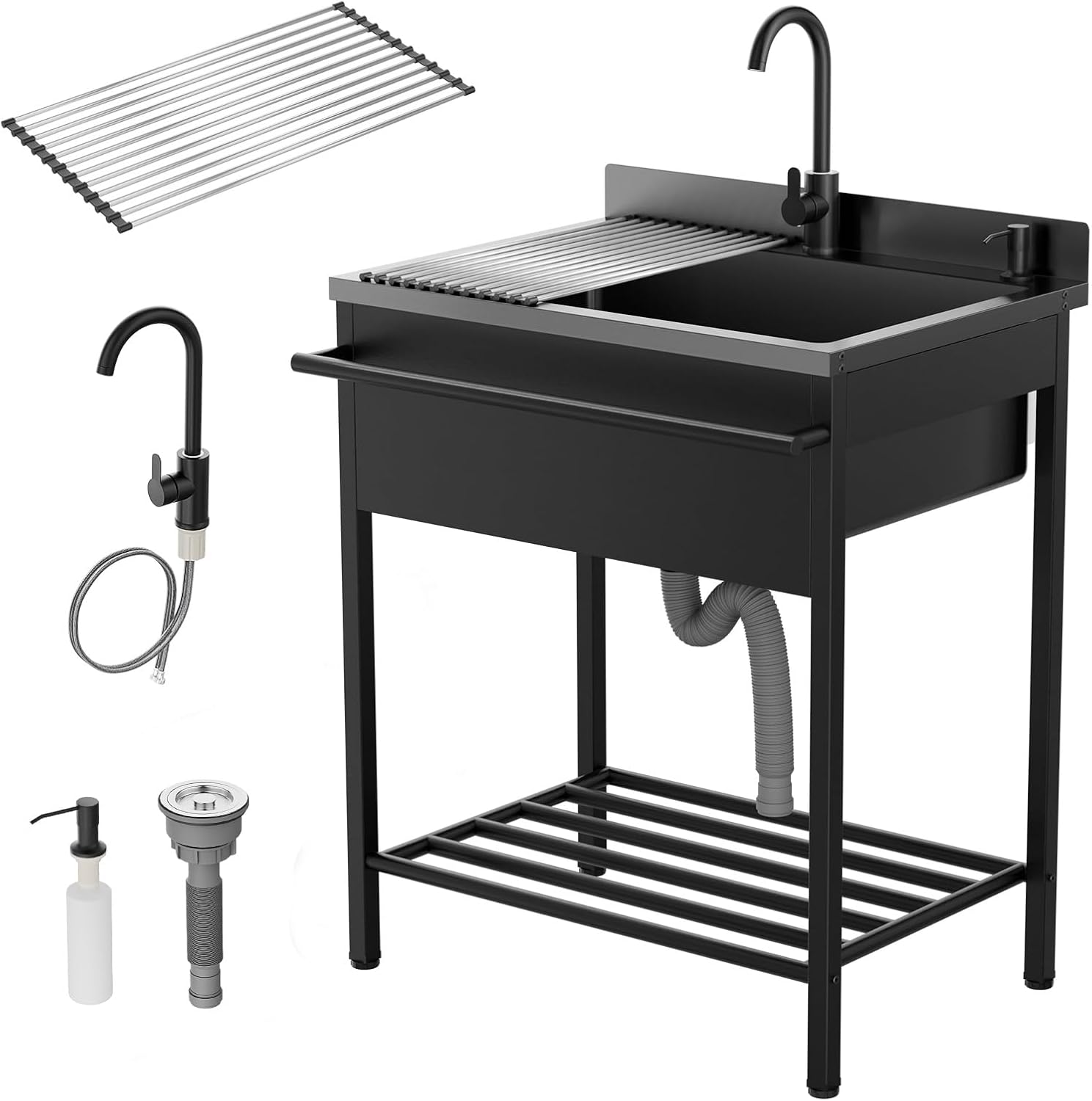 ROVSUN Stainless Steel Utility Sink, Free Standing with Faucet & Draining Rack for Laundry Room, Kitchen, Restaurant, Garage, Outdoor Garden, Backyard, Industrial 22'D x 30.71'W x 40.35'H Black