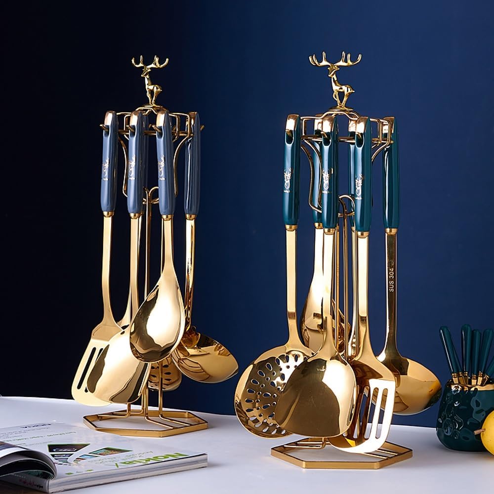 Kitchen Cooking Utensils Set, Stainless Steel Cooking Utensils Set with Holder, 7-Pieces Metal Kitchen Utensils, Kitchen Tools with Countertop Stand