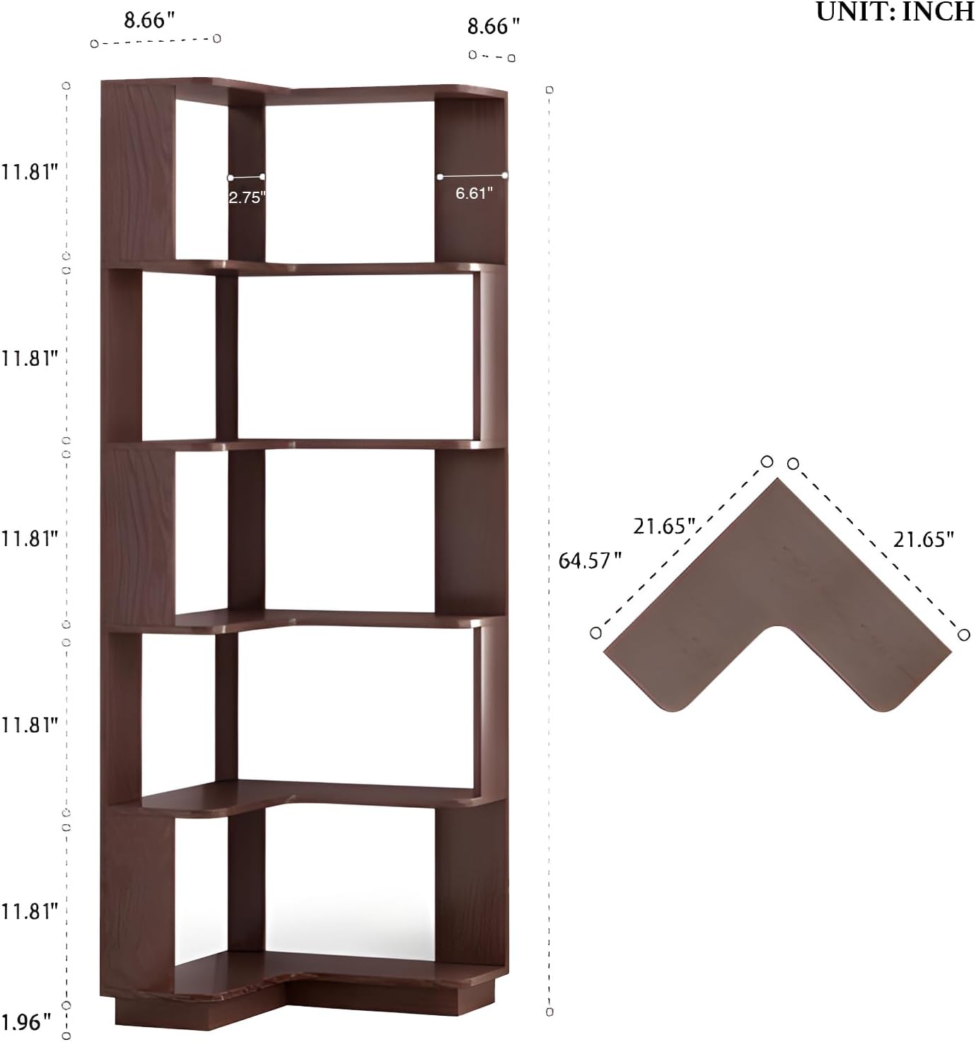5 Tier Corner Bookshelf, Freestanding L-Shaped Wooden Bookcase with Open Shelves, Anti-Fall Panels and Anti-Tipping Device for Living Room, Bedroom, Home Office (Ox Blood Red)