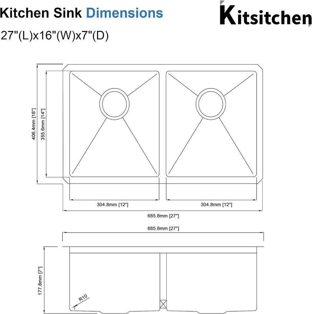 Kitsitchen RV Ktichen Sink,16 Gauge 304S Stainless Steel Undermount Kitchen Sink with Strainer & Bottom Gird, 27' x 16' x 7' Double Bowl Kitchen Sinks Used at RV, Outdoor,Bathroom and Trailer