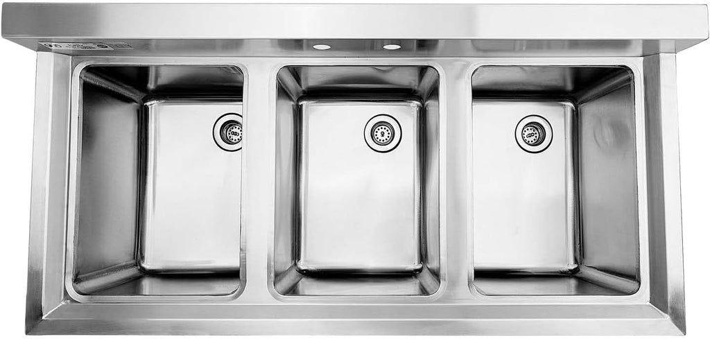 HALLY 3 Compartment Sink of Stainless Steel NSF Commercial Utility Basin with 10' L x 14' W x 10' D Bowl for Bar, Restaurant, Kitchen, Hotel and Home
