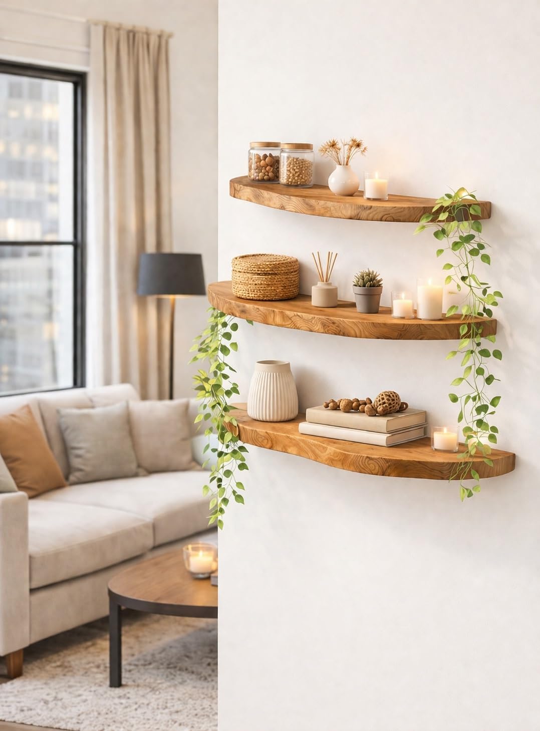 Live Edge Corner Wall Shelf, Solid Wood, Natural Grain, Floating Mount (24' W X 8' D X 1.5' (Inches))
