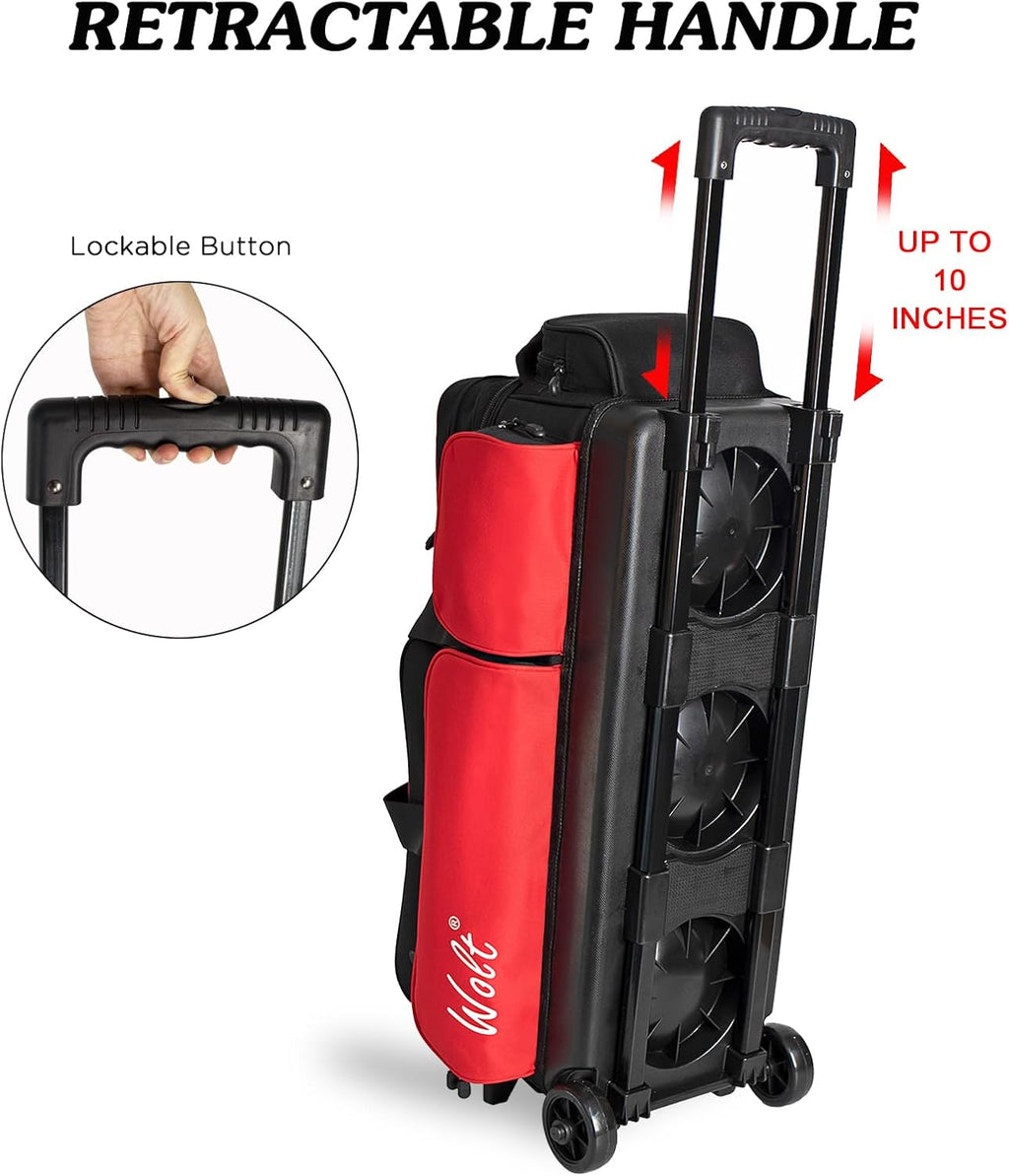 WOLT 3 Ball Bowling Bags with Wheels,Bowling Ball Bag 3 Ball Roller with Separate Shoe Compartment and Accessory Pocket, Retractable Handle Extends to 38''