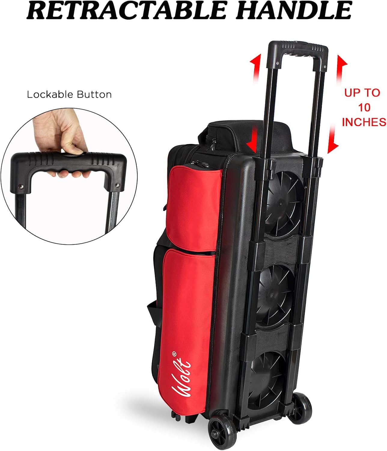 WOLT 3 Ball Bowling Bags with Wheels,Bowling Ball Bag 3 Ball Roller with Separate Shoe Compartment and Accessory Pocket, Retractable Handle Extends to 38''