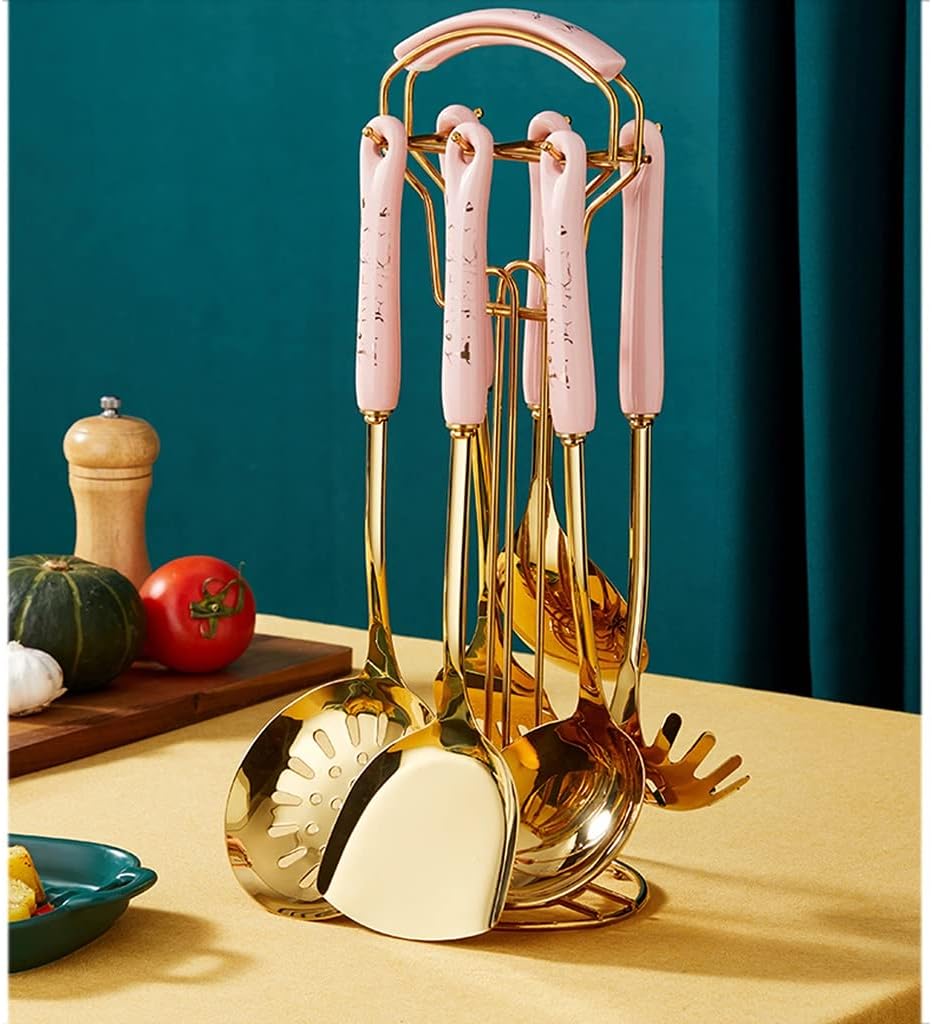 Kitchen Utensils Set with Holder Stainless Steel Cooking Utensil Set Ceramic Handle Farmhouse Style Cooking Tool Kitchen Gadget for Cookware，Pink
