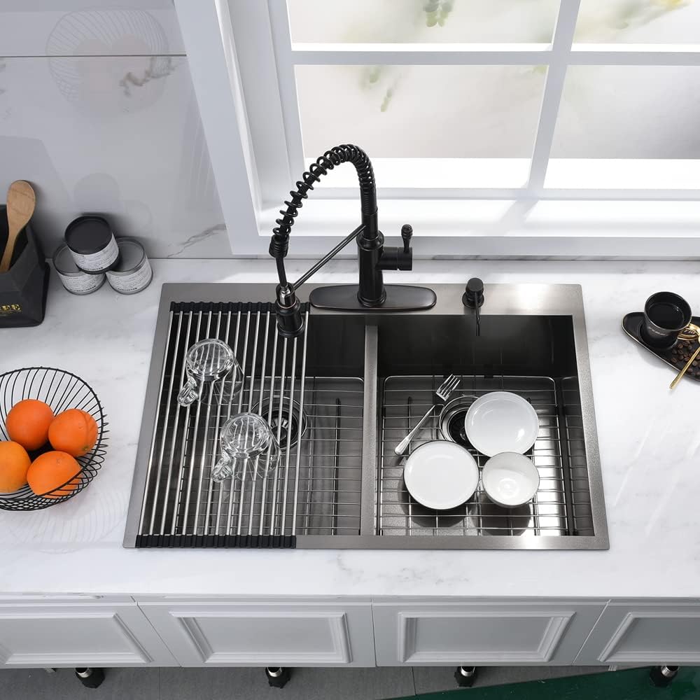 33 Inch Black Double Bowl Drop In Kitchen Sink-Bokaiya 33x22 Drop In Kitchen Sink 50/50 Double Bowl 16 Gauge Deep Low Divided Stainless Steel Basin with Roll Up Rack