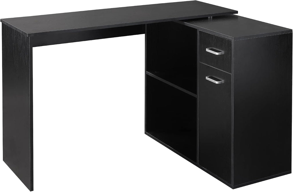 HOMCOM L Shaped Computer Desk, 180° Rotating Corner Desk with Storage Shelves, Drawer and Cabinet, Study Workstation for Home Office, 47.25'x19.75'x 53.75', Black