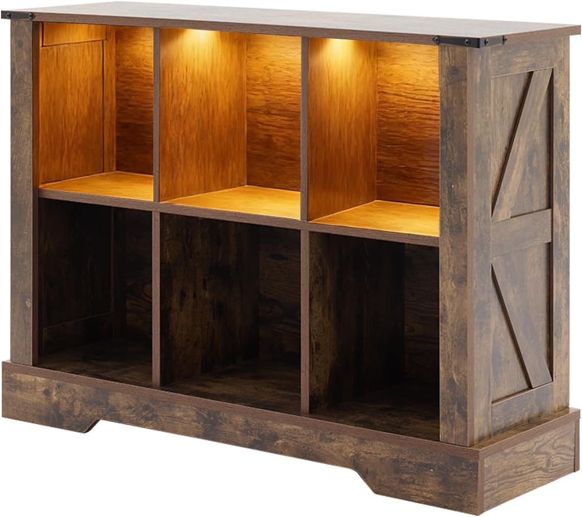 6 Cube Storage Organizer, 2 Tier Book Shelf with Led Lights, Farmhouse Book Shelves for Living Room, Horizontal Toy Storage Bookshelf, Wood Display Bookcase Cabinet for Bedroom, Office, Brown