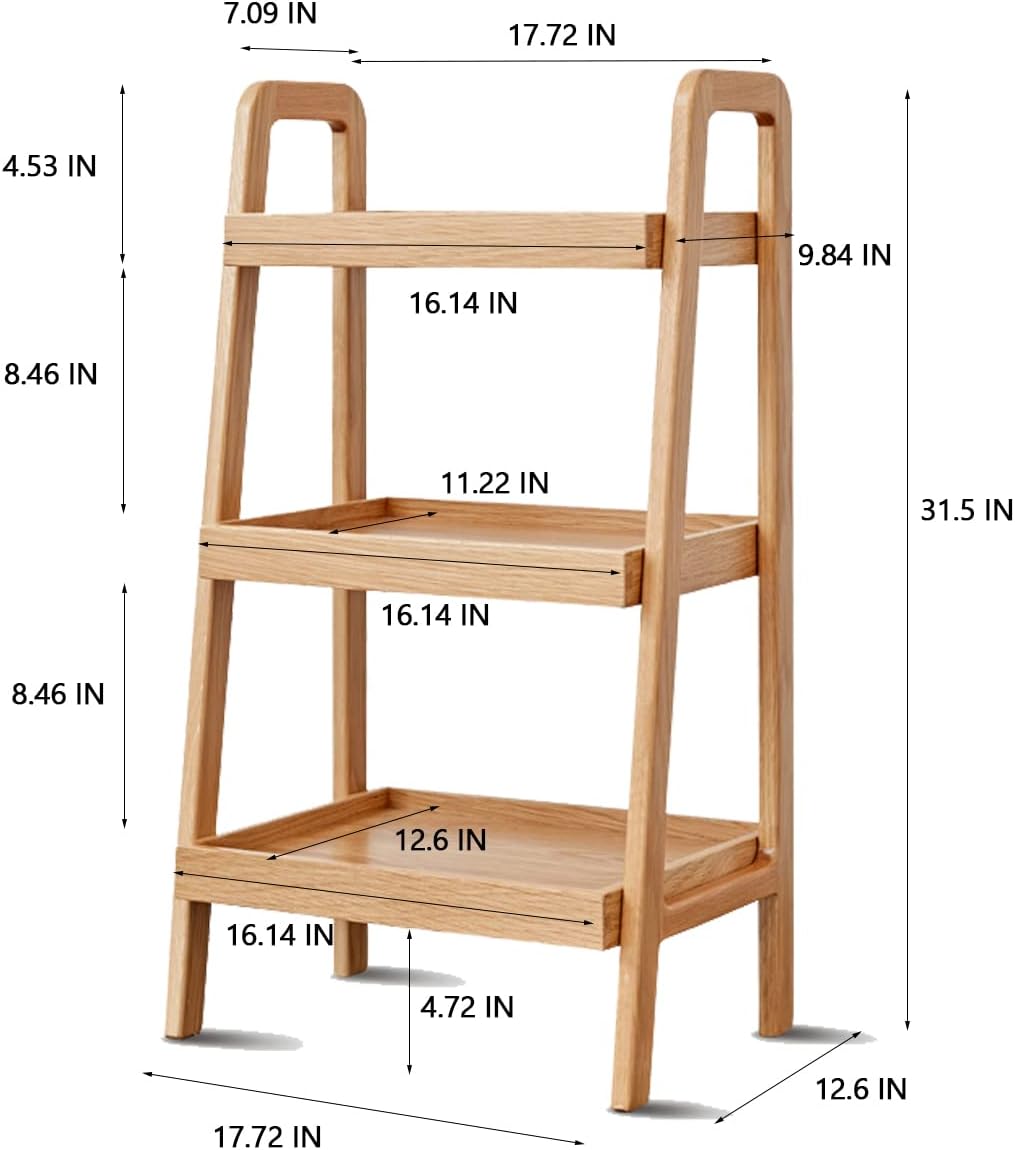 100% Solid Wood 3-Tiers Ladder Shelf, Small Bookcase, Ladder Bookshelf, End/Side Table for Living Room, Display Storage Open Shelf for Bedroom Kitchen Bathroom (Natural Color)