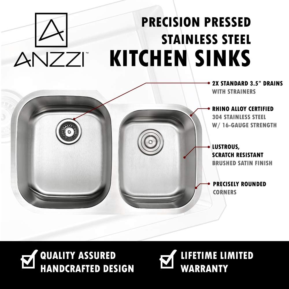 ANZZI Moore 32 Inch 304 Stainless Steel Undermount Double Kitchen Sink with 60/40 Split, 16 Gauge Deep Soak Dual Basin Bowl Kitchen Sink with Bottom Grid, Strainer, and Drain, K-AZ3220-3B