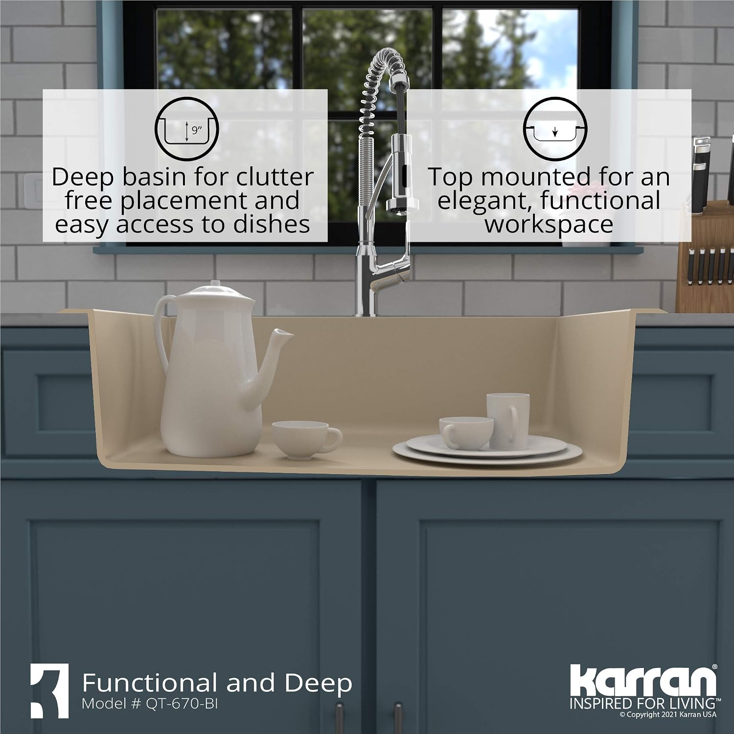 Karran QT-670 Drop-In/Top Mount 33' Single Bowl Granite Quartz Composite Kitchen Sink in Bisque, Right Side Drain, Extra Deep 9' Basin, Heat & Scratch Resistant, Sound Dampening