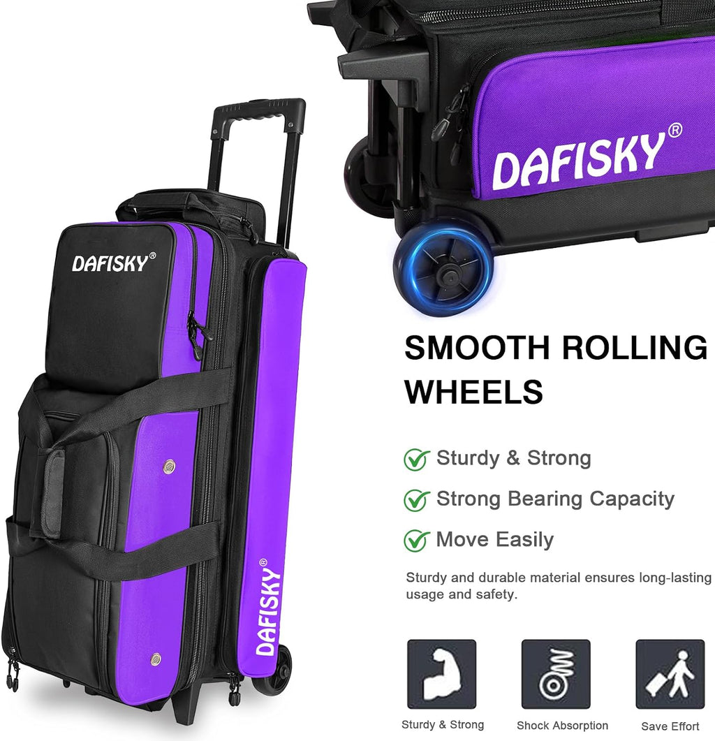 DAFISKY 3 Ball Bowling Bags with Wheels, Roller Bowling Bag with Multiple Pockets Retractable Handle Extends to 38''