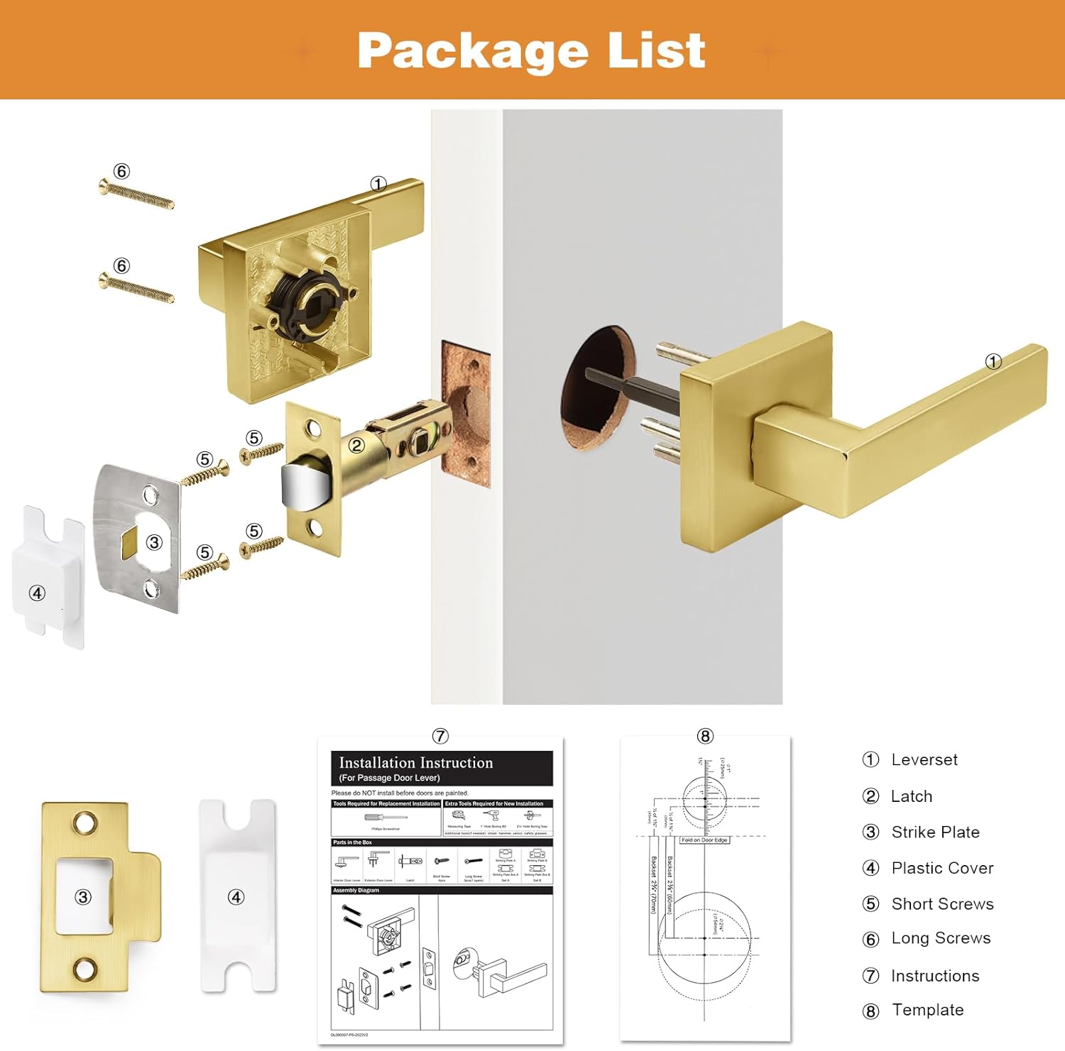 Probrico Interior Non-Locking Passage Door Handles 8 Pack, Gold Square Door Levers for Closet Hallway