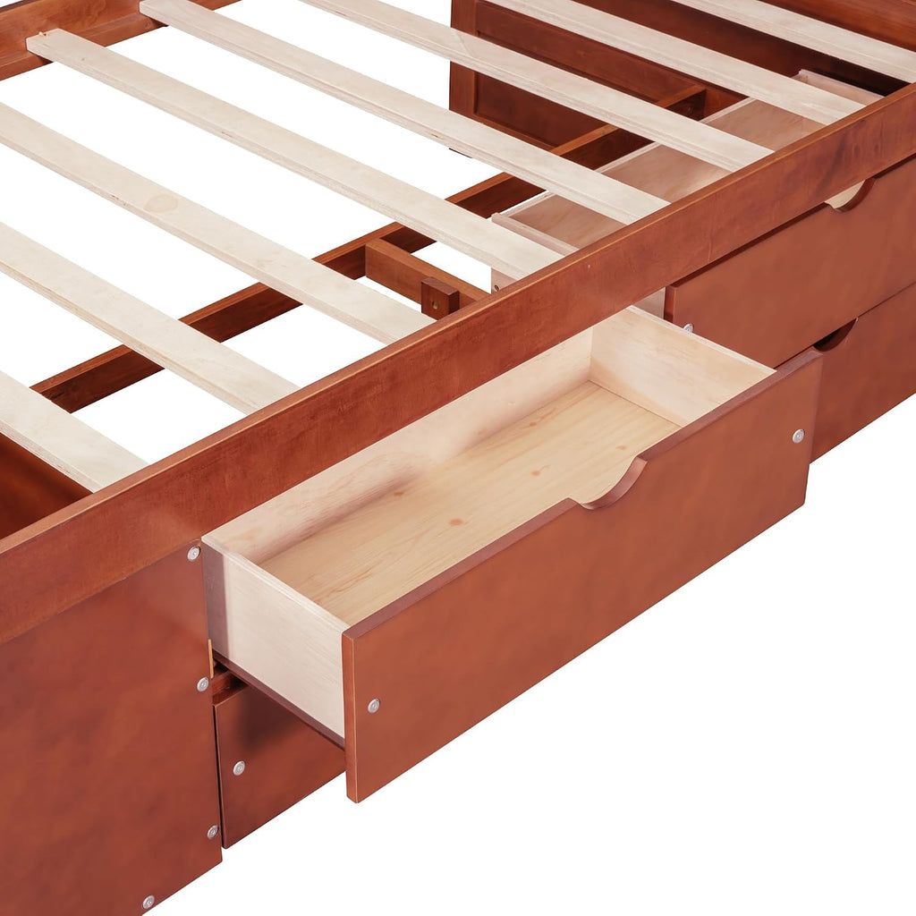 Harper & Bright Designs Twin Corner Bed Frame with Drawers and Shelves,Wood Daybed with L Shape Heaboard,Floor Storage Platform Bed Frame for Bedroom Living Room,Walnut
