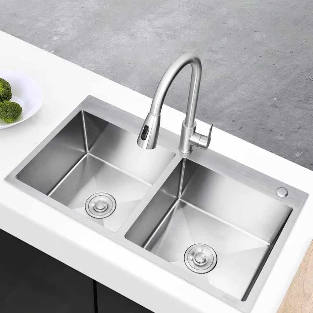 33 Inch Drop In Double Bowl Kitchen Sink with Nano Coating, 20 Gauge 304 Stainless Steel Topmount Kitchen Sink with Accessories