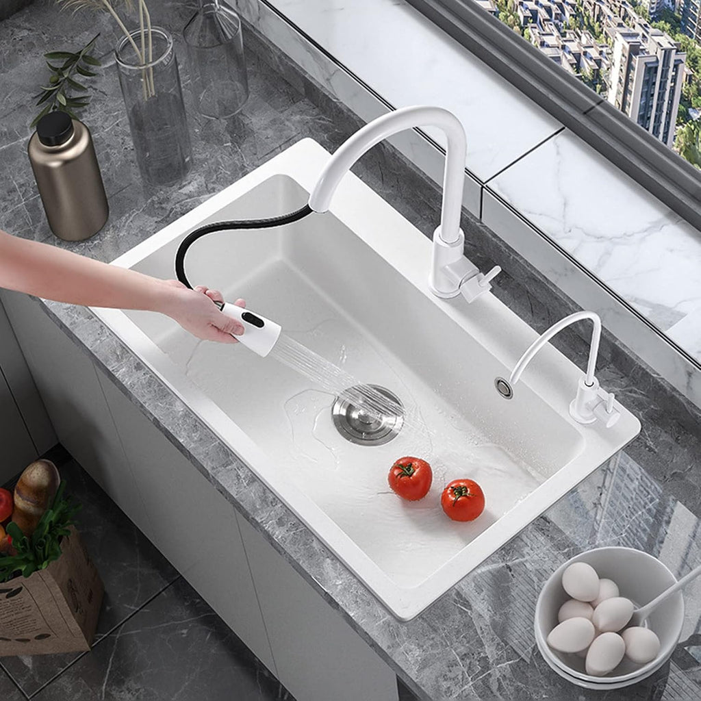 White Quartz Stone Sink Large Single Bowl Kitchen Sink Granite Sink Drop-in Washing Bowl with Pull Out Faucet and Water Purification Faucet Combo, White (White-50x43cm