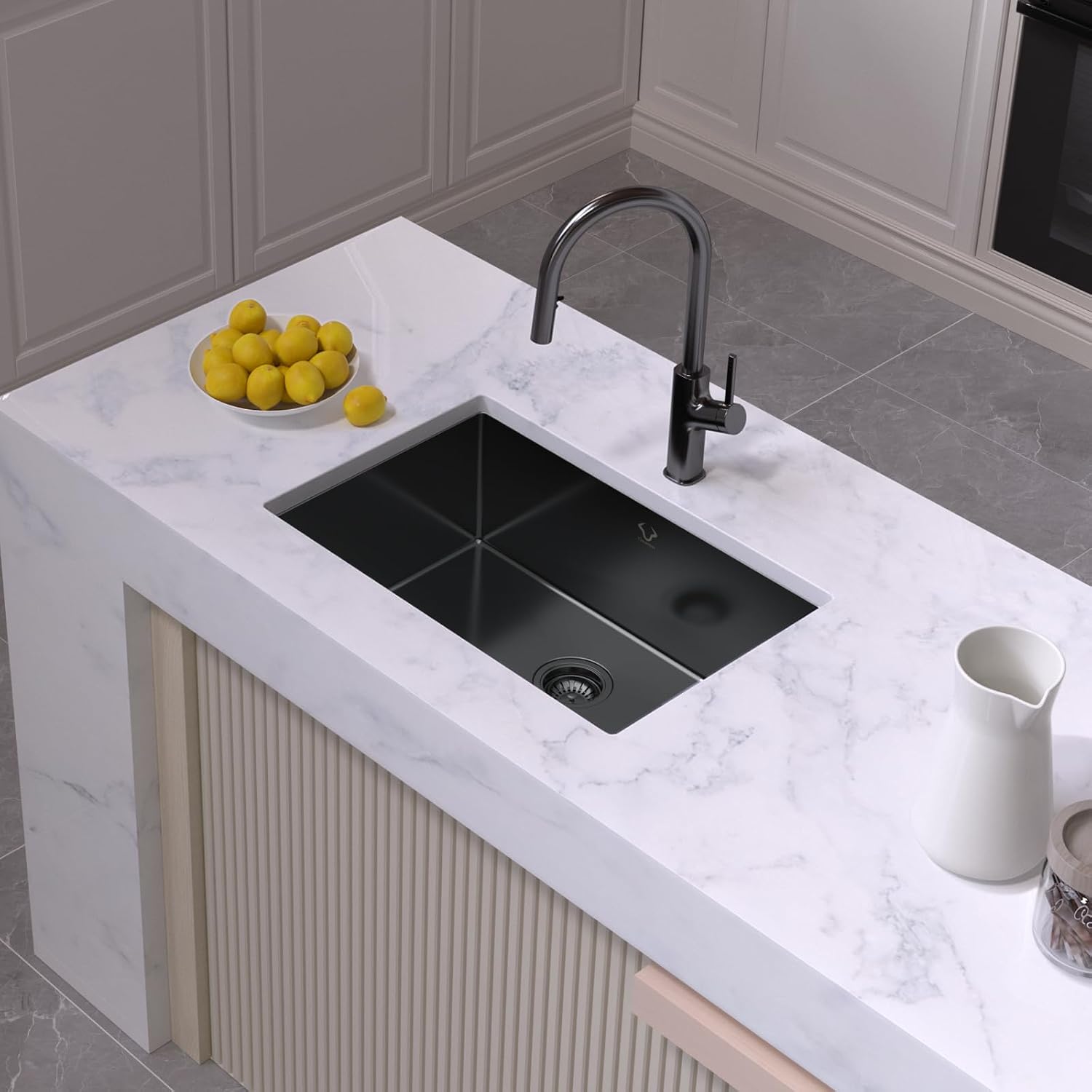 Kitchen Sink 27x18 Inch Undermount Kitchen Sink Gunmetal Black 16 Gauge Stainless Steel Single Bowl with Accessories Round Corners Handmade