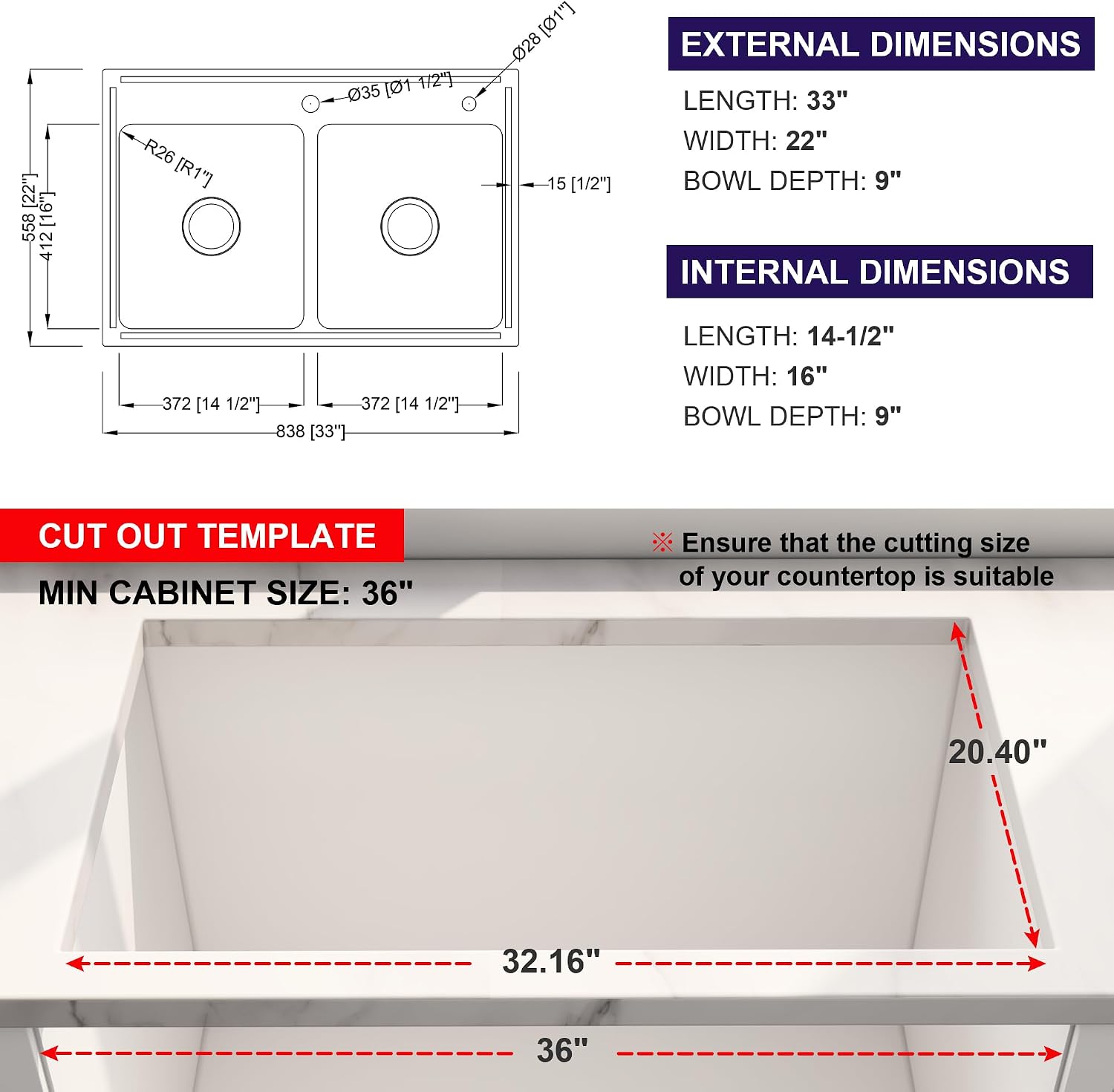 33x22 Drop In Double Bowl Kitchen Sink 16 Gauge Stainless Steel Top Mount Commercial Grade Satin Finish Sinks with Strainer & Grid 33' x 22' x 9'