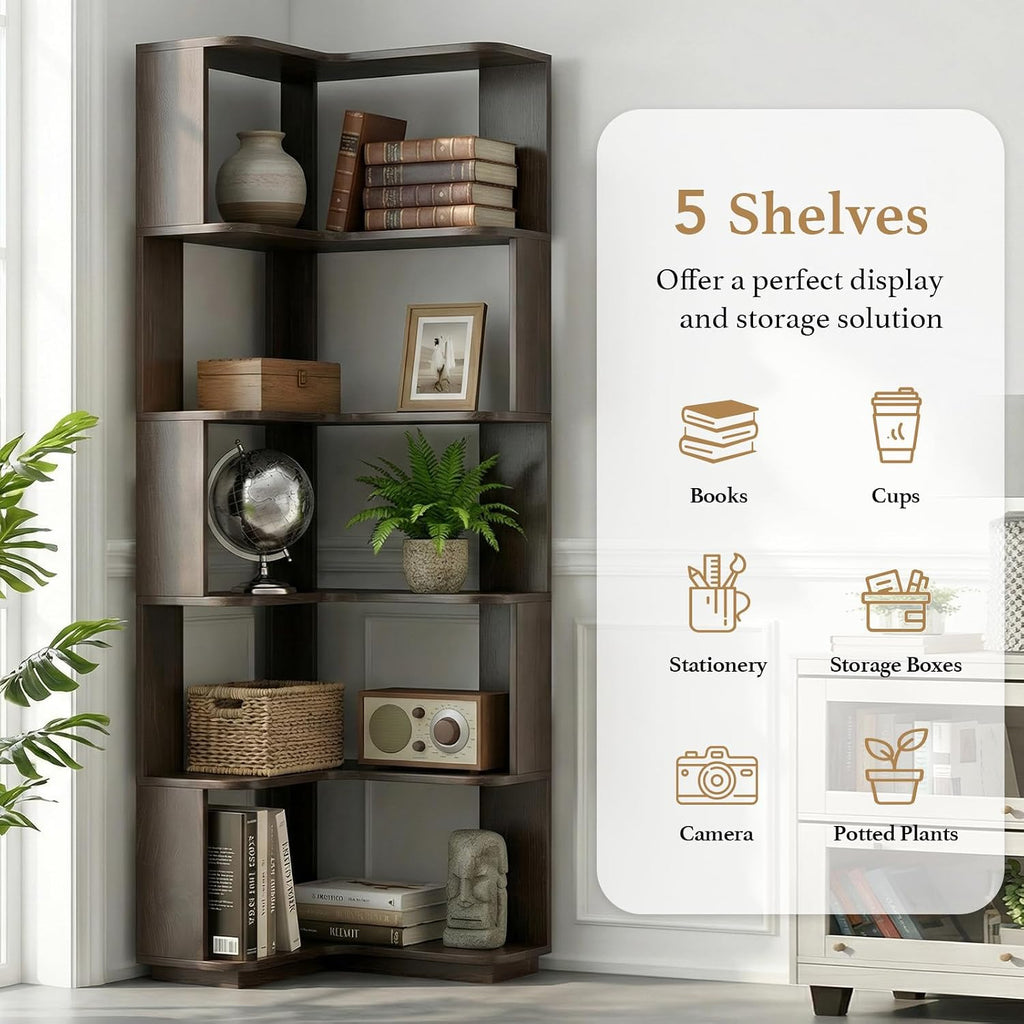 5 Tier Corner Bookshelf, Freestanding L-Shaped Wooden Bookcase with Open Shelves, Anti-Fall Panels and Anti-Tipping Device for Living Room, Bedroom, Home Office (Dark Brown)