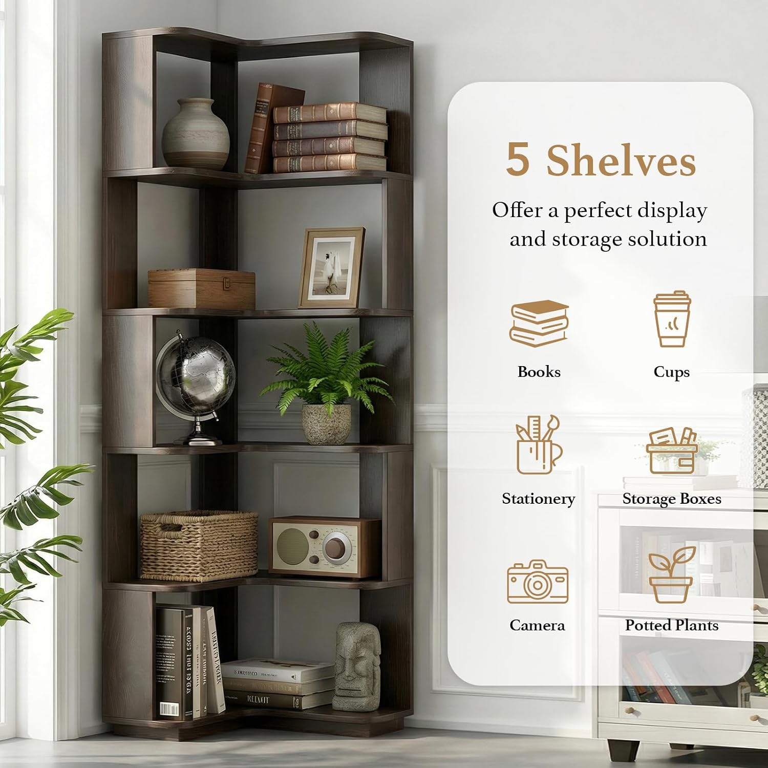 5 Tier Corner Bookshelf, Freestanding L-Shaped Wooden Bookcase with Open Shelves, Anti-Fall Panels and Anti-Tipping Device for Living Room, Bedroom, Home Office (Dark Brown)