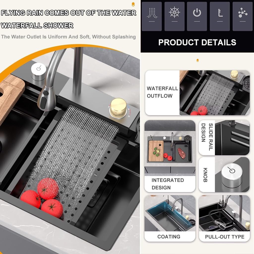 Stainless Steel Waterfall Sink Single Bowl Bar Sink Kitchen Sink Set Nano-Coated Workstation Sink with Pull-Out Faucet Pressurized Cup Washer (Color : Black, Size : 80x45x22cm) (Black 68x45x22cm)