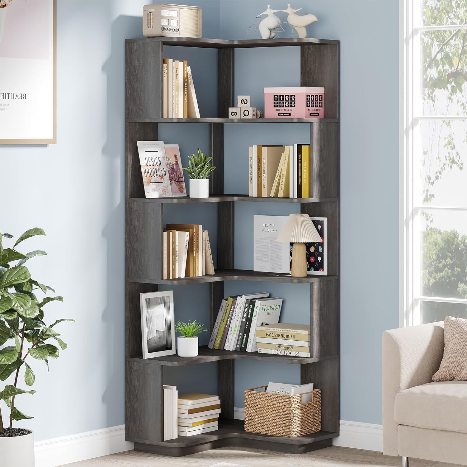 LITTLE TREE 65-Inch Tall Corner Bookshelf, 6-Tier Industrial Corner Bookcase with Side Panels, Freestanding Wood Grain Corner Shelf Display Rack for Home Office, Living Room