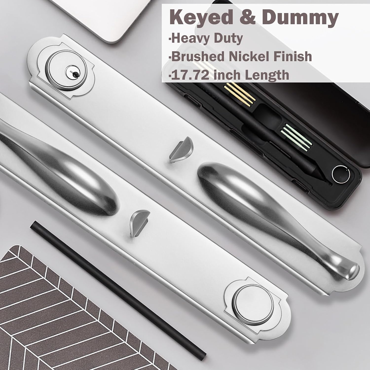 Front Door Handle Double Door Lock Set with Camelot Trim in Satin Nickel, Entrance Handle Set with Deadbolt and Lever, X-2018SET