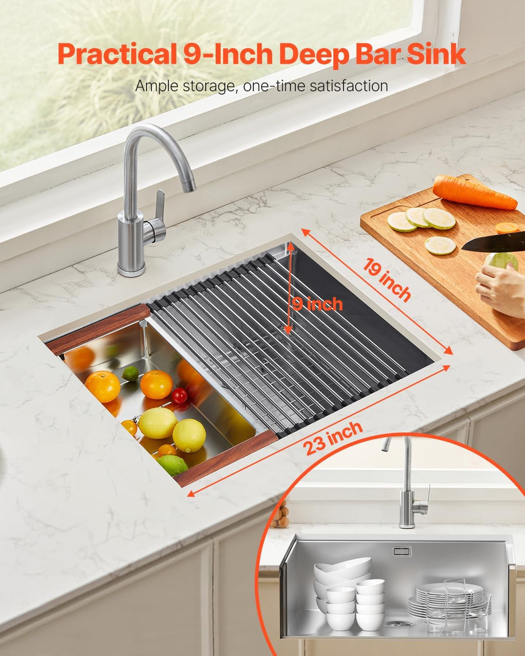 VEVOR 23 inch Kitchen Single Sink, 304 Stainless Steel Undermount Sink Drop-In Single Bowl Farmhouse Basin with Ledge & Multiple Accessories, Household Dishwasher Sinks for Prep Kitchen, Bar 23'*19'