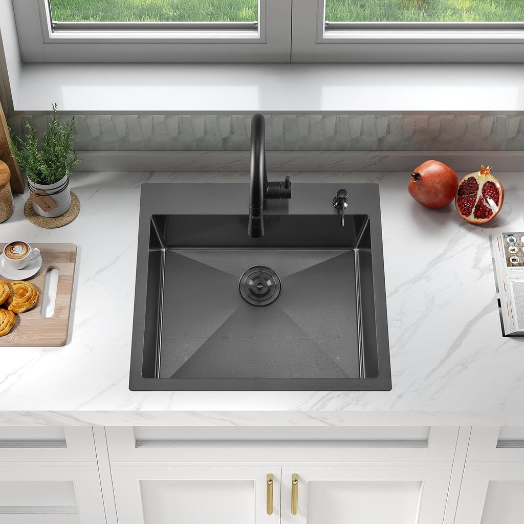 ATTOP 25 Inch Black Drop in Stainless Steel Medium Single Bowl Kitchen Sink,25x22 Nano Black Handmade Single Bowl Drop in Kitchen Sink