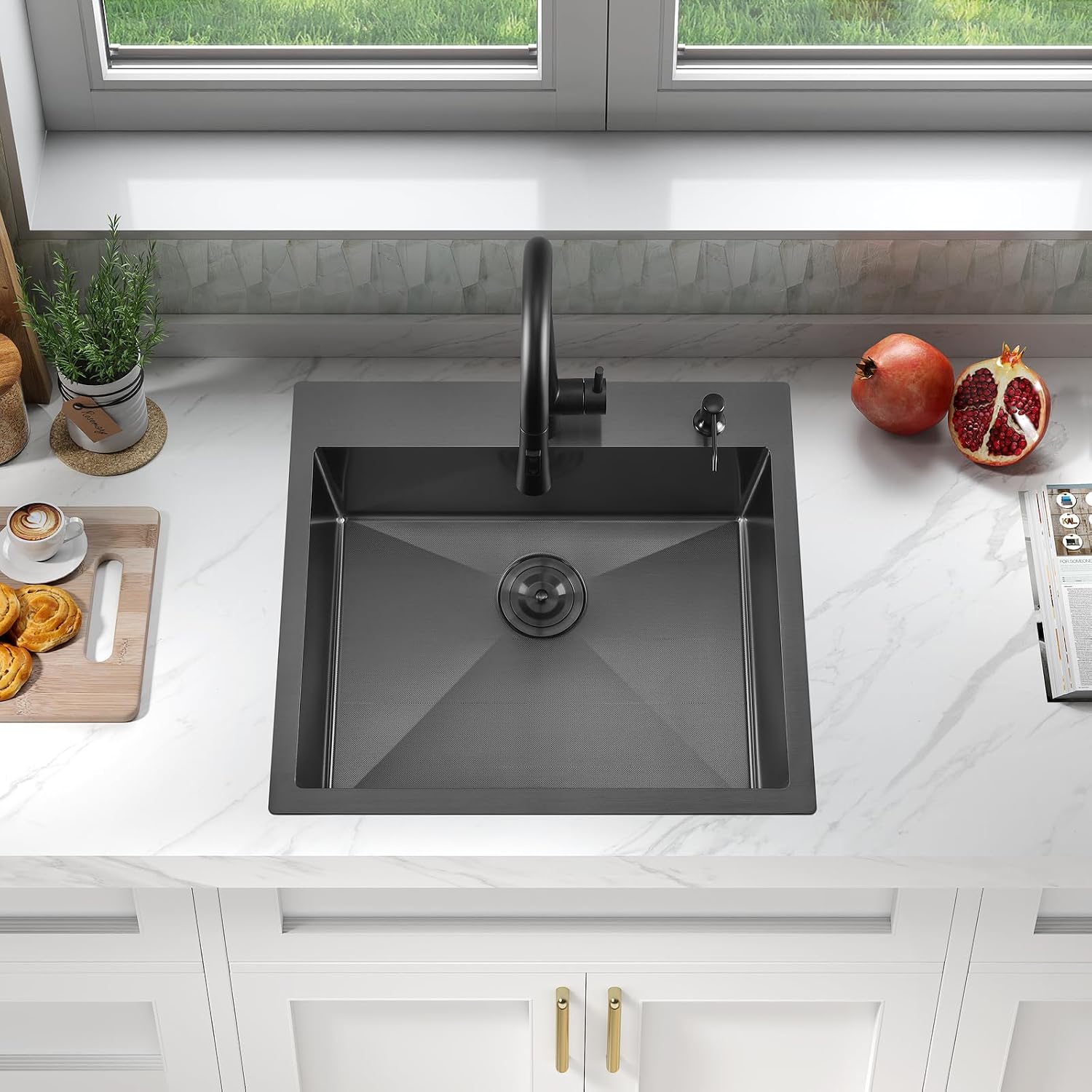 ATTOP 25 Inch Black Drop in Stainless Steel Medium Single Bowl Kitchen Sink,25x22 Nano Black Handmade Single Bowl Drop in Kitchen Sink